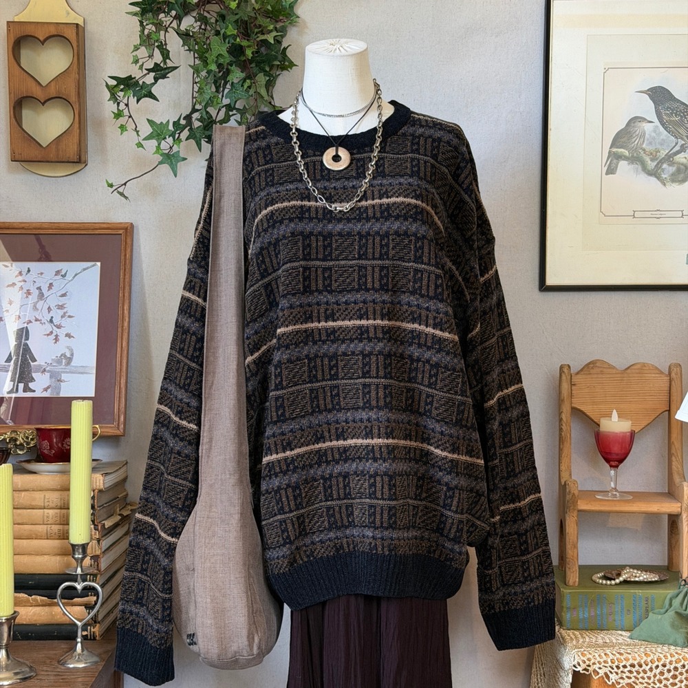 Geoffrey Beene Brown Geometric Chenille Sweater Oversized Whimsygoth Boho XXL